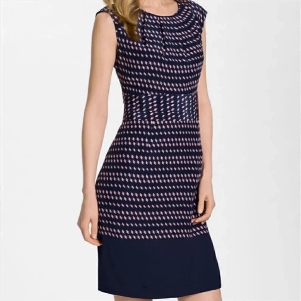 Tory Burch Marlow Geometric Sleeveless Silk Sheath Dress Navy Blue/Pink size 12